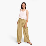 Front View of a Model wearing Light Khakhi Cotton Flax Wide Legged Straight Pant