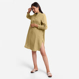 Front View of a Model wearing Light Khaki Cotton Flax Shirt Dress