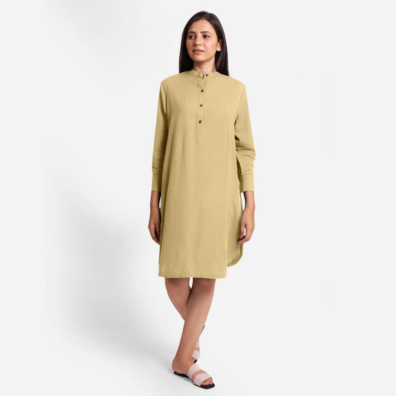 Front View of a Model wearing Light Khaki Cotton Flax Shirt Dress