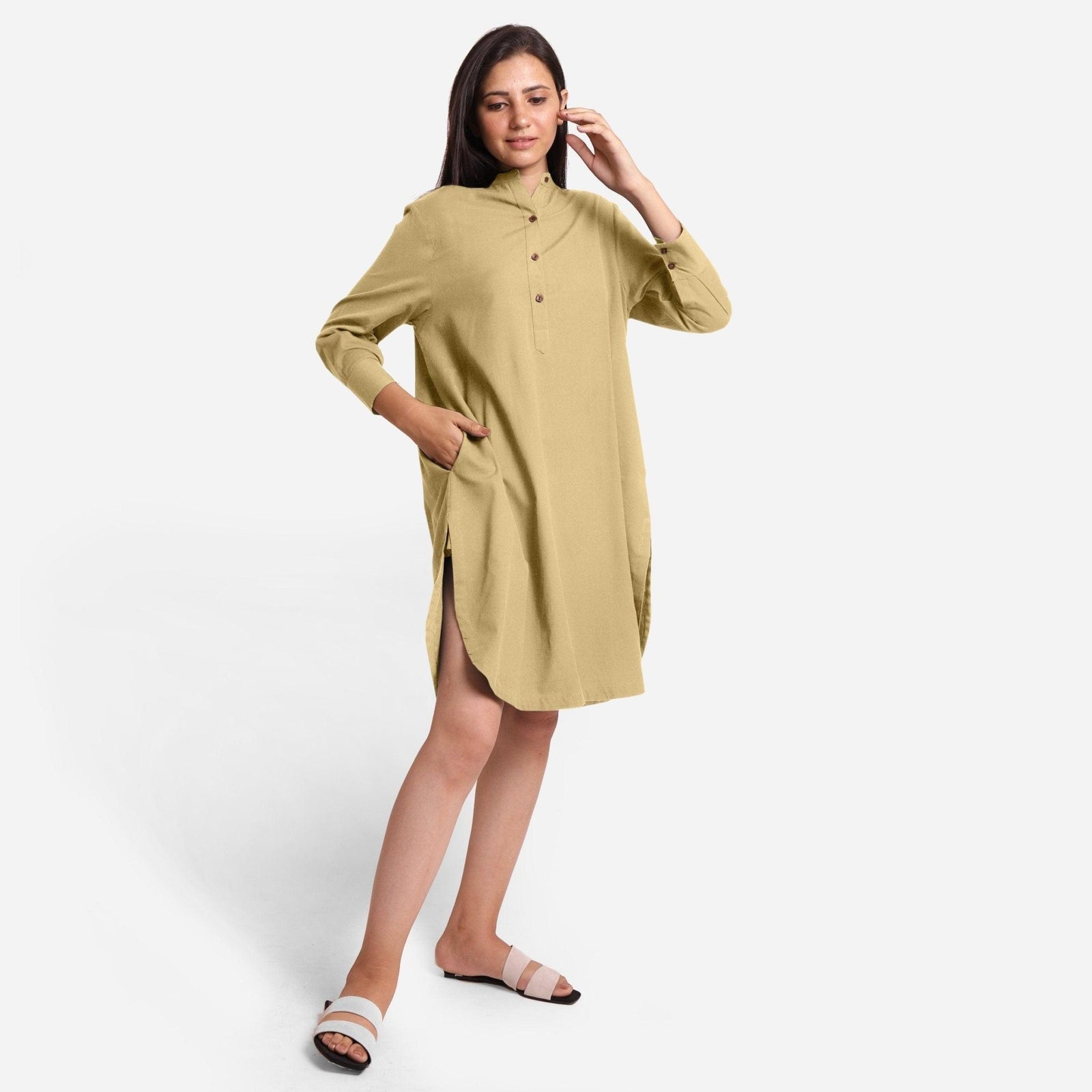 Light Khaki Cotton Flax Knee Length Shirt Dress 38