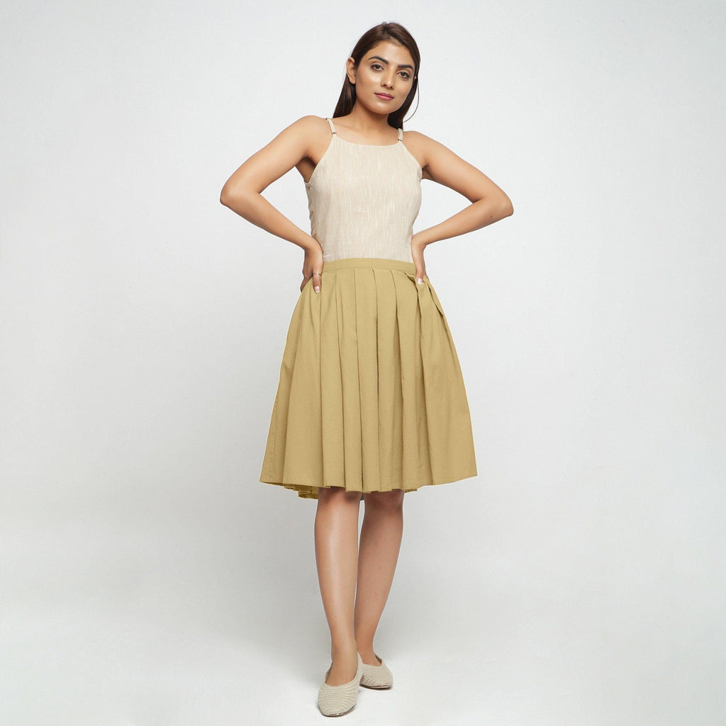 Buy Light Khaki Cotton Flax Pleated Knee Length Skirt Online Buy Light Khaki Cotton Flax Pleated Knee Length Skirt Online