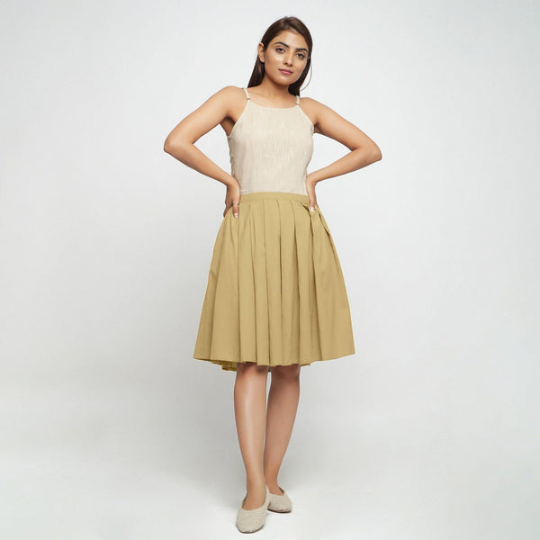 Buy Light Khaki Cotton Flax Pleated Knee Length Skirt Online