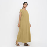 Right View of a Model wearing Light Khaki Cotton Flax A-Line Paneled Dress