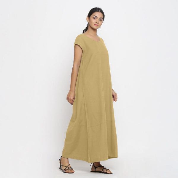 Right View of a Model wearing Light Khaki Cotton Flax A-Line Paneled Dress