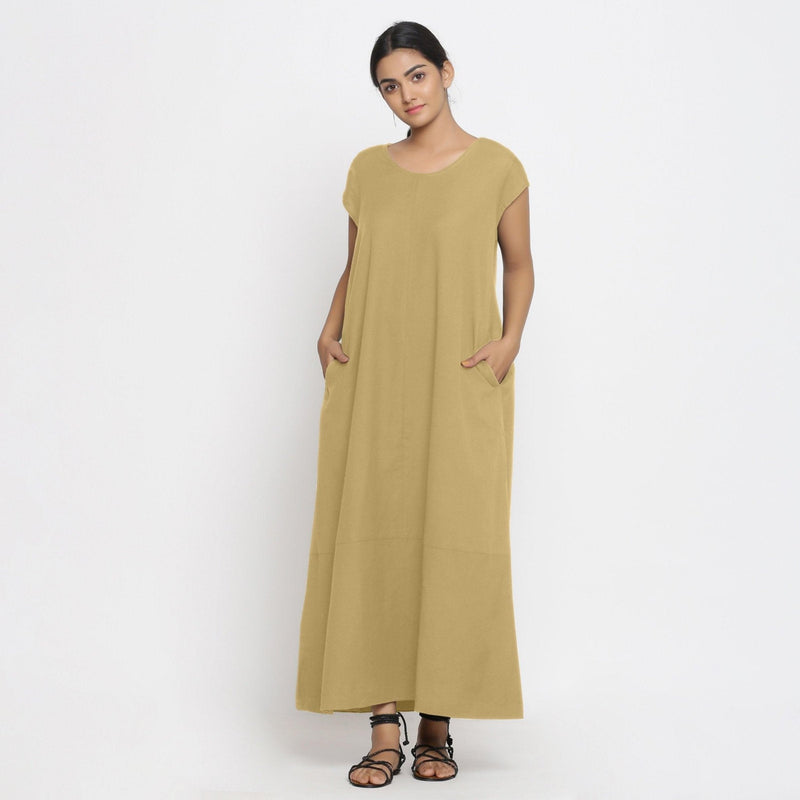 Light Khaki Cotton Flax Scoop Neck Paneled Maxi Dress 60" / Petite (5'1" and below) Light Khaki Cotton Flax Scoop Neck Paneled Maxi Dress 60" / Petite (5'1" and below)
