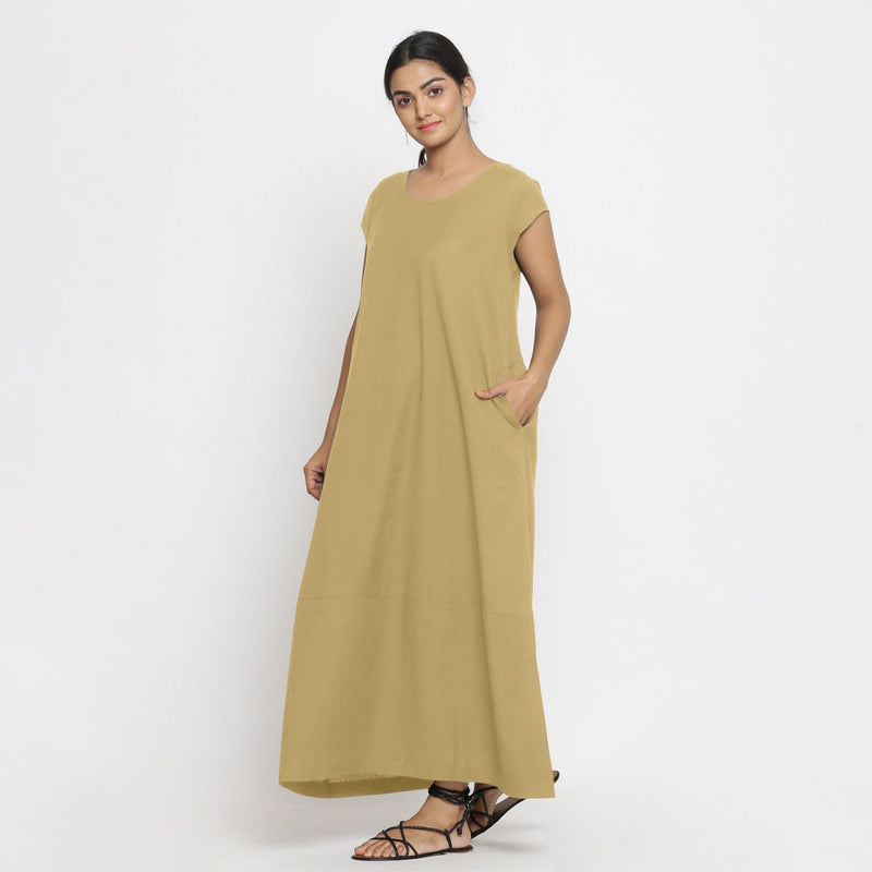 Front View of a Model wearing Light Khaki Cotton Flax A-Line Paneled Dress