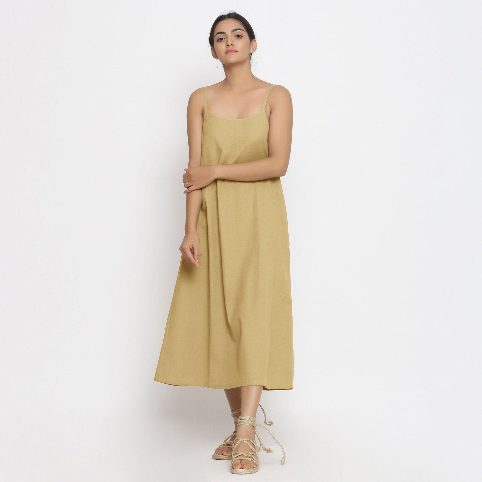white christmas dresses Light Khaki Cotton Flax Strappy A-Line Midi Dress 48
