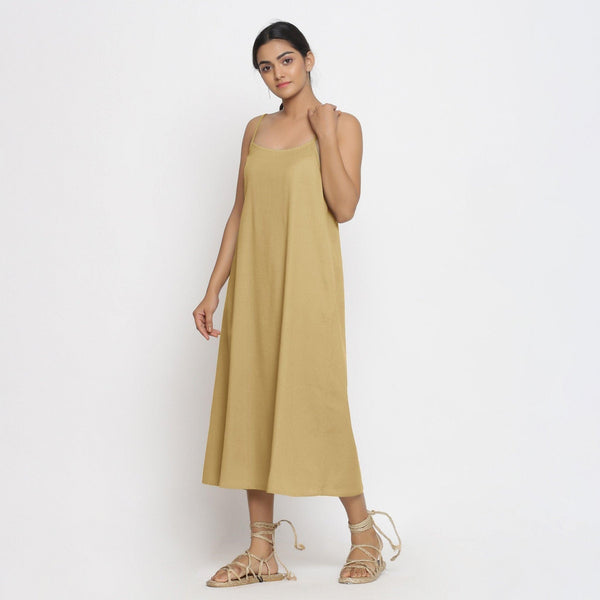 Front View of a Model wearing Light Khaki Cotton Flax Strap Sleeve A-Line Dress