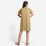 Back View of a Model wearing Light Khaki Cotton Flax V-Neck Tunic