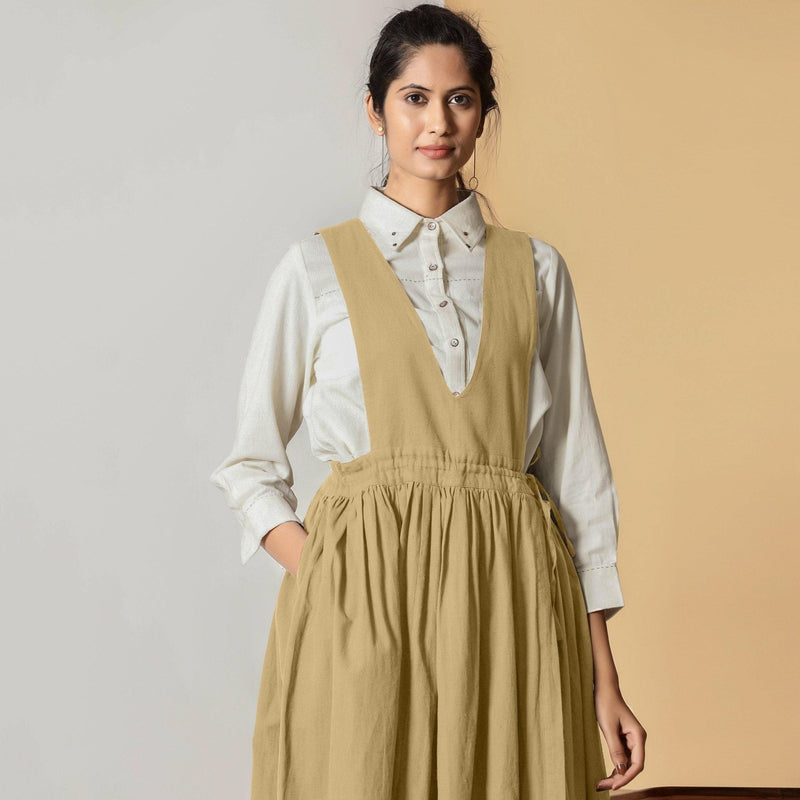 Front View of a Model wearing Light Khakhi Cotton Flax Pinafore Midi Wrap Dress