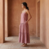 Light Magenta Yarn-Dyed Cotton Drop-Waist Camisole Maxi Tier Dress