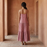 Light Magenta Yarn-Dyed Cotton Drop-Waist Camisole Maxi Tier Dress