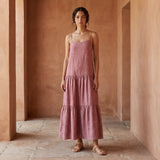 Light Magenta Yarn-Dyed Cotton Drop-Waist Camisole Maxi Tier Dress