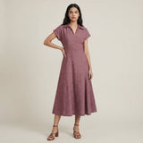 Light Magenta Yarn-Dyed Cotton Paneled A-Line Midi Dress