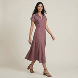 Light Magenta Yarn-Dyed Cotton Paneled A-Line Midi Dress