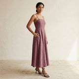 Light Maroon Yarn-Dyed Cotton Ankle Length Flared Sundress
