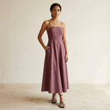 Light Maroon Yarn-Dyed Cotton Ankle Length Flared Sundress