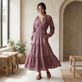 Light Maroon Yarn-Dyed Cotton Fit and Flare Maxi Tier Dress