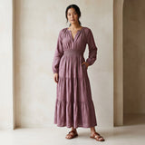 Light Maroon Yarn-Dyed Cotton Fit and Flare Maxi Tier Dress