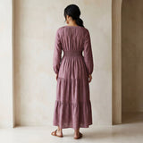 Light Maroon Yarn-Dyed Cotton Fit and Flare Maxi Tier Dress