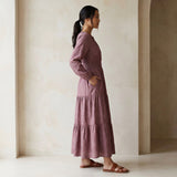 Light Maroon Yarn-Dyed Cotton Fit and Flare Maxi Tier Dress