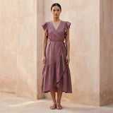 Light Maroon Yarn-Dyed Cotton Ruffle Midi Wrap Dress