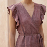 Light Maroon Yarn-Dyed Cotton Ruffle Midi Wrap Dress