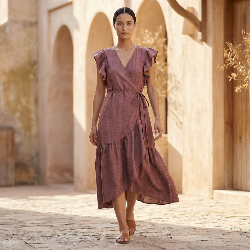 cotton frill dress Light Maroon Yarn-Dyed Ruffle Midi Wrap 48