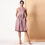 Front View of a Model wearing Light Maroon Yarn Dyed Cotton V-Neck Yoked Midi Dress