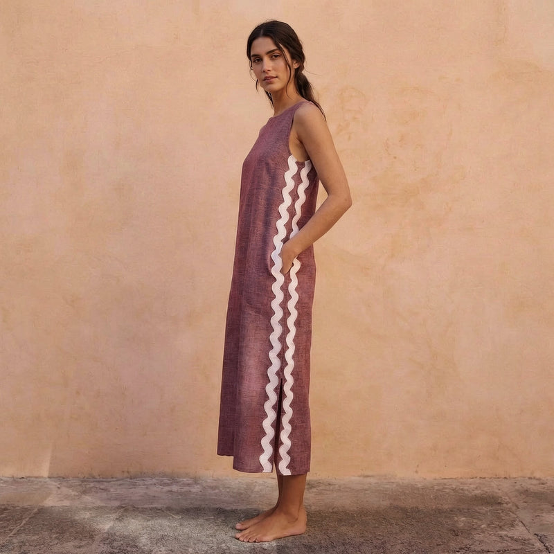 Light Maroon Yarn-Dyed Cotton Wavy Stripe Maxi Shift Dress 60