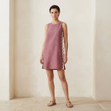 Light Maroon Yarn-Dyed Cotton Wavy Stripe Short Shift Dress