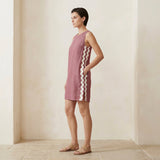 Light Maroon Yarn-Dyed Cotton Wavy Stripe Short Shift Dress