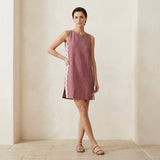 Light Maroon Yarn-Dyed Cotton Wavy Stripe Short Shift Dress