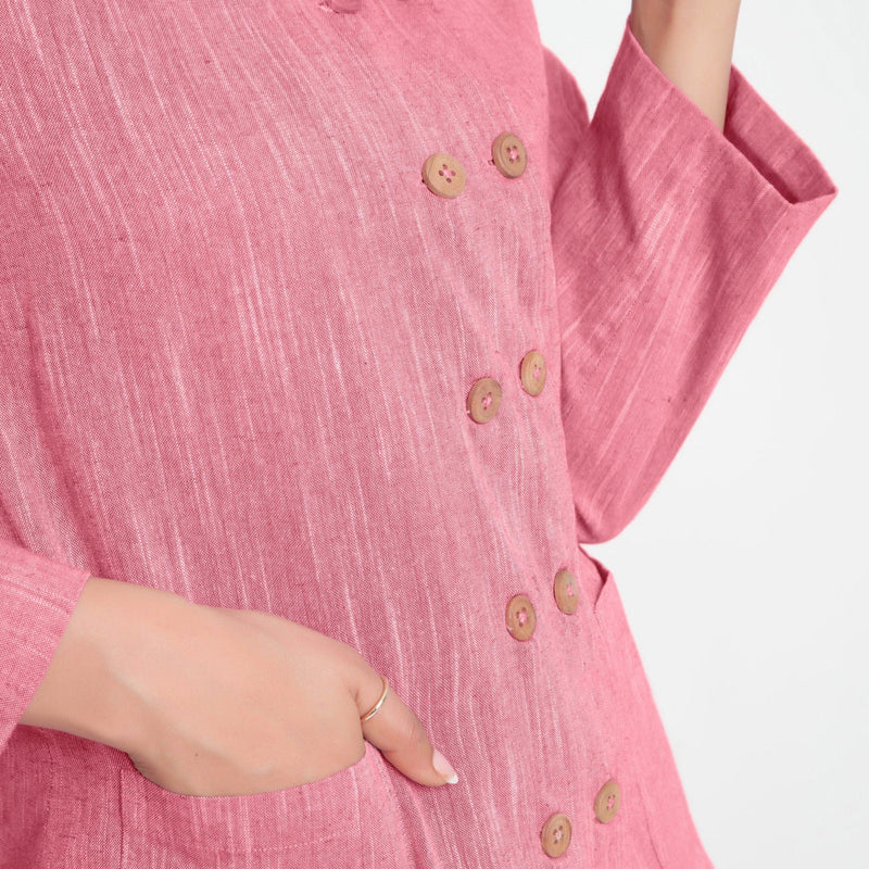 Front Detail of a Model wearing Light Pink Cotton Flax Button-Down Jacket