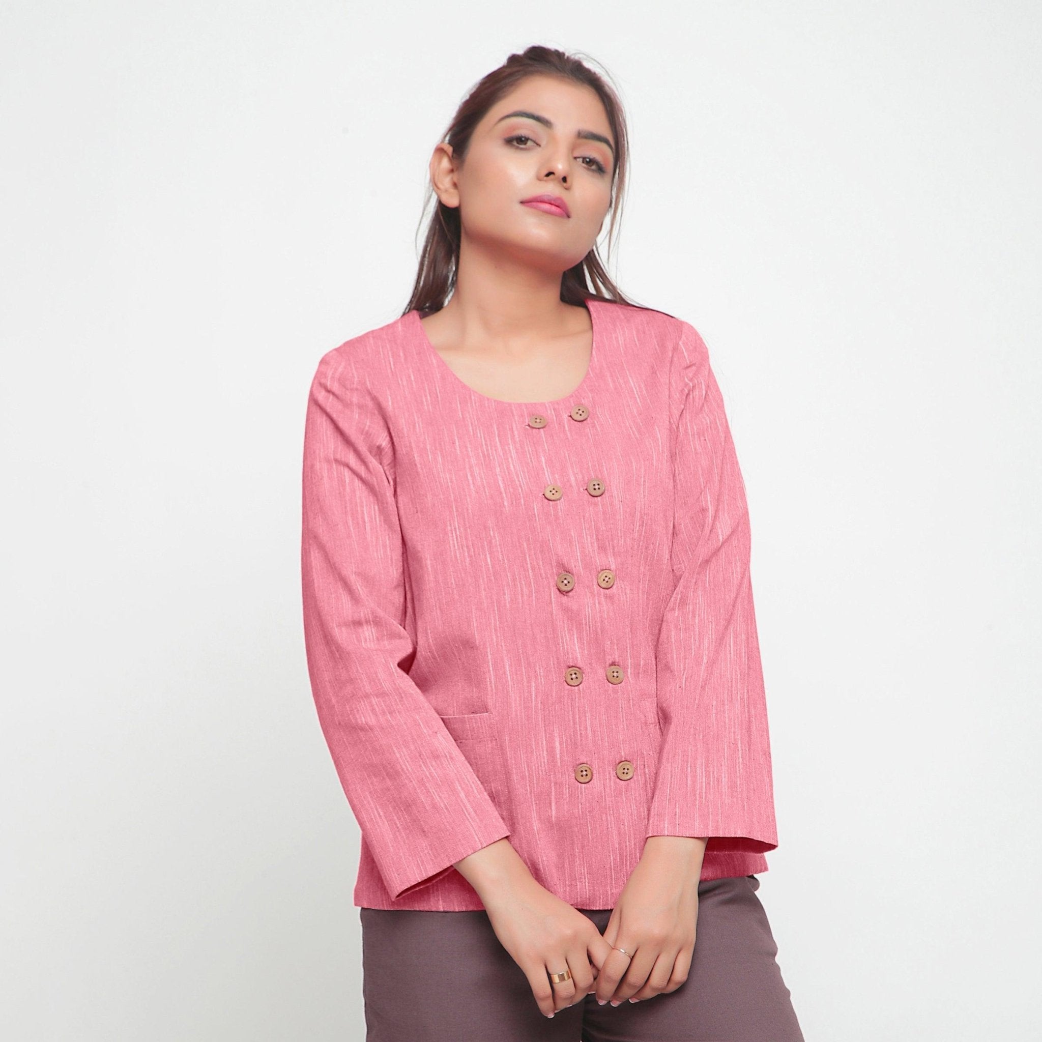 Buy Light Pink Cotton Flax Double-Breasted Button-Down Jacket Online at ...