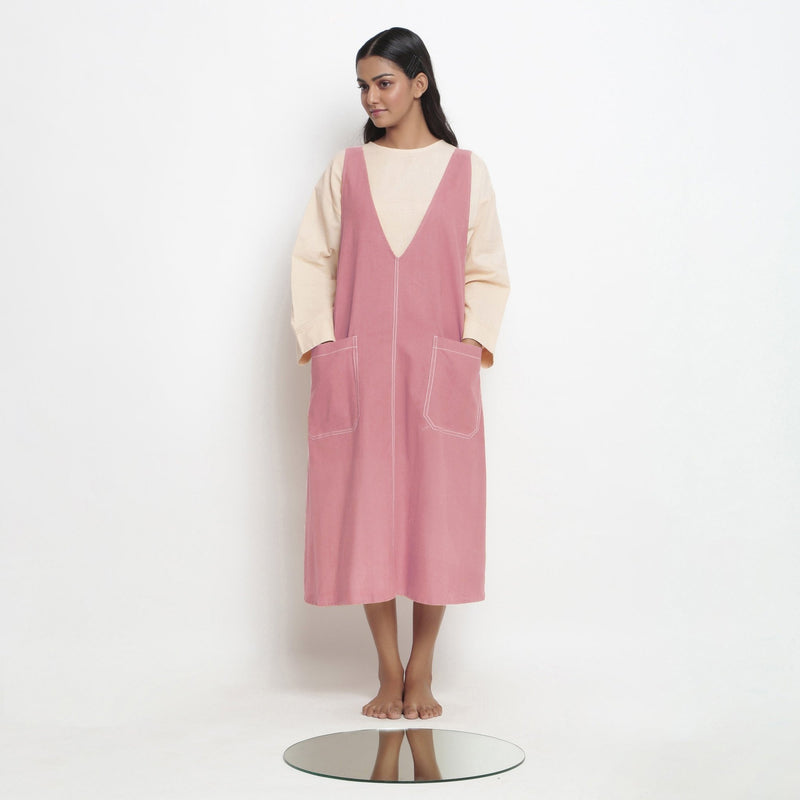 Light Pink Cotton Flax Paneled Midi Shift Dress
