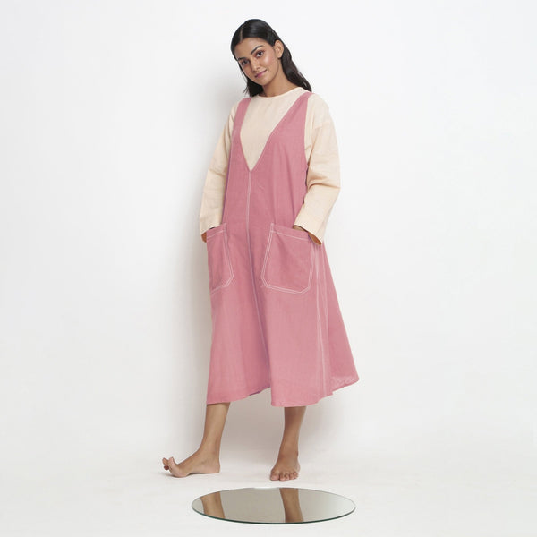 Light Pink Cotton Flax Paneled Midi Shift Dress 32" / Regular (5'2" - 5'6")