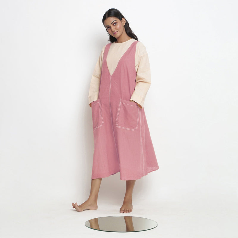 Light Pink Cotton Flax Paneled Midi Shift Dress