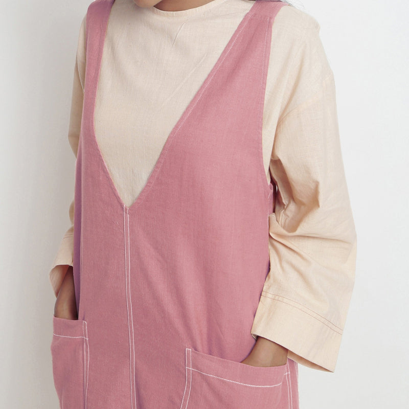 Light Pink Cotton Flax Paneled Midi Shift Dress