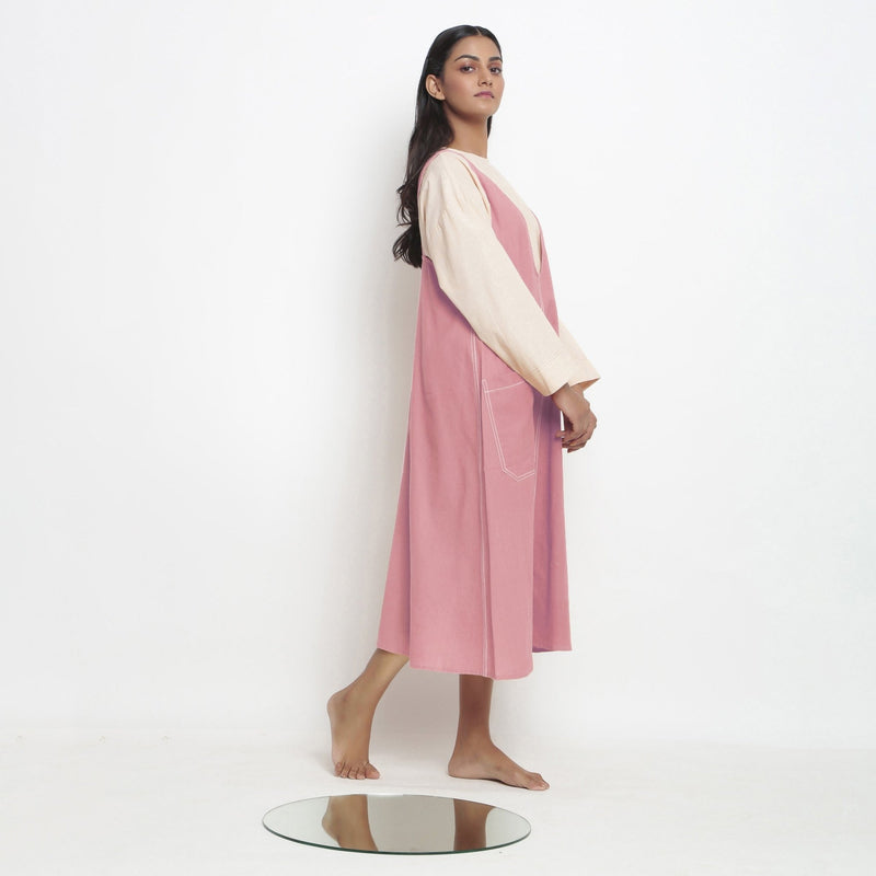 Light Pink Cotton Flax Paneled Midi Shift Dress