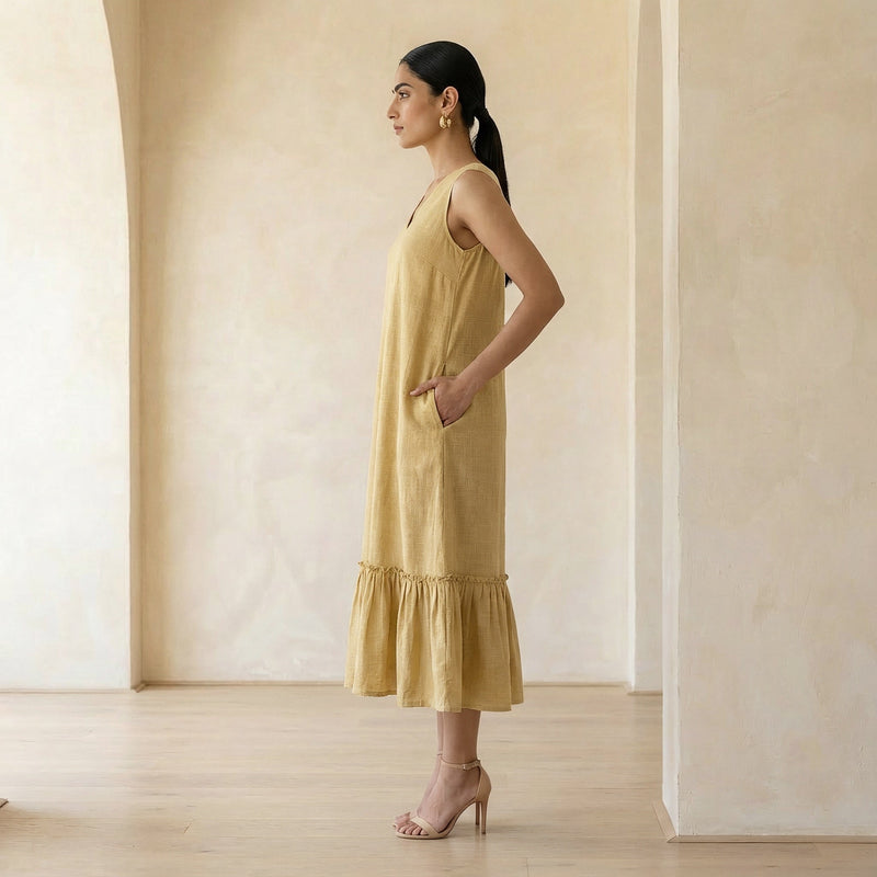 Buy Light Yellow 100% Cotton A-Line V-Neck Sleeveless Maxi Tier Dress  Online at SeamsFriendly