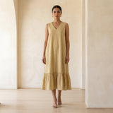 Light Yellow 100% Cotton A-Line V-Neck Sleeveless Maxi Tier Dress