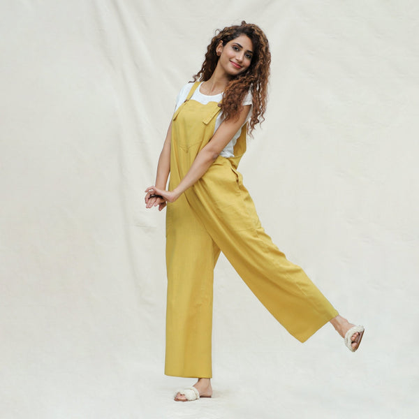 Light Yellow 100% Cotton Ankle Length Dungaree Jumpsuit