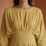 Light Yellow 100% Cotton Cinched Waist Flared Maxi Dress