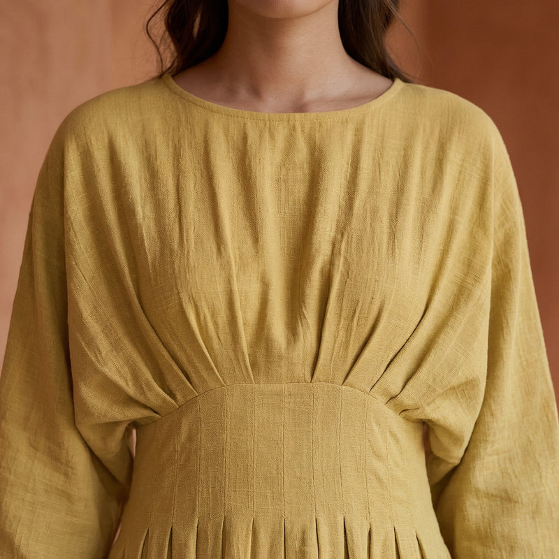 Buy Light Yellow 100% Cotton Cinched Waist Flared Maxi Dress Online at SeamsFriendly
