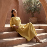 Light Yellow 100% Cotton Cinched Waist Flared Maxi Dress