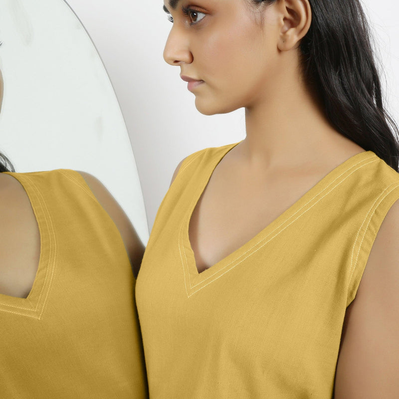 Front Detail of a Model wearing Yellow Handspun Cotton Vegetable Dyed Crop Top