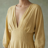 Light Yellow 100% Cotton Deep-V Neck Empire Waist Maxi Dress