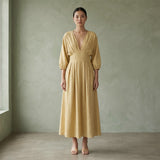 Light Yellow 100% Cotton Deep-V Neck Empire Waist Maxi Dress