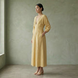 Light Yellow 100% Cotton Deep-V Neck Empire Waist Maxi Dress